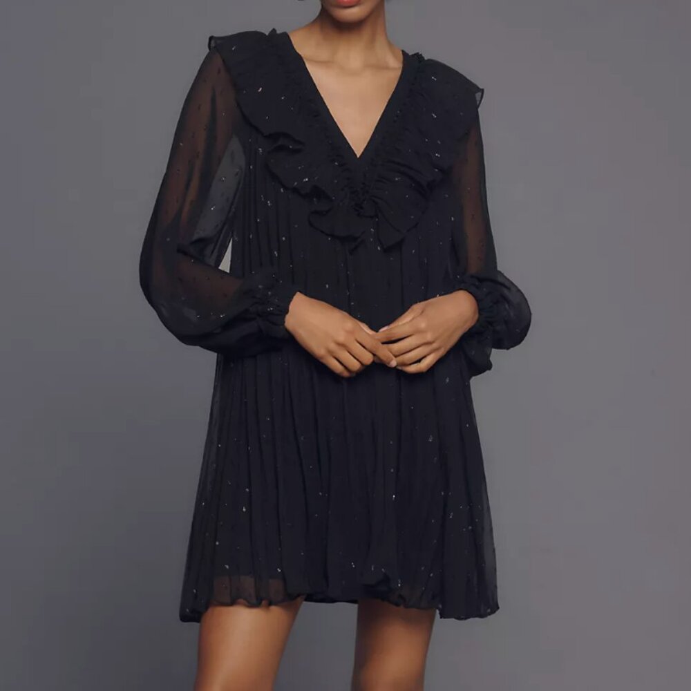 By Anthropologie Long-Sleeve Ruffle Swing Mini Dress